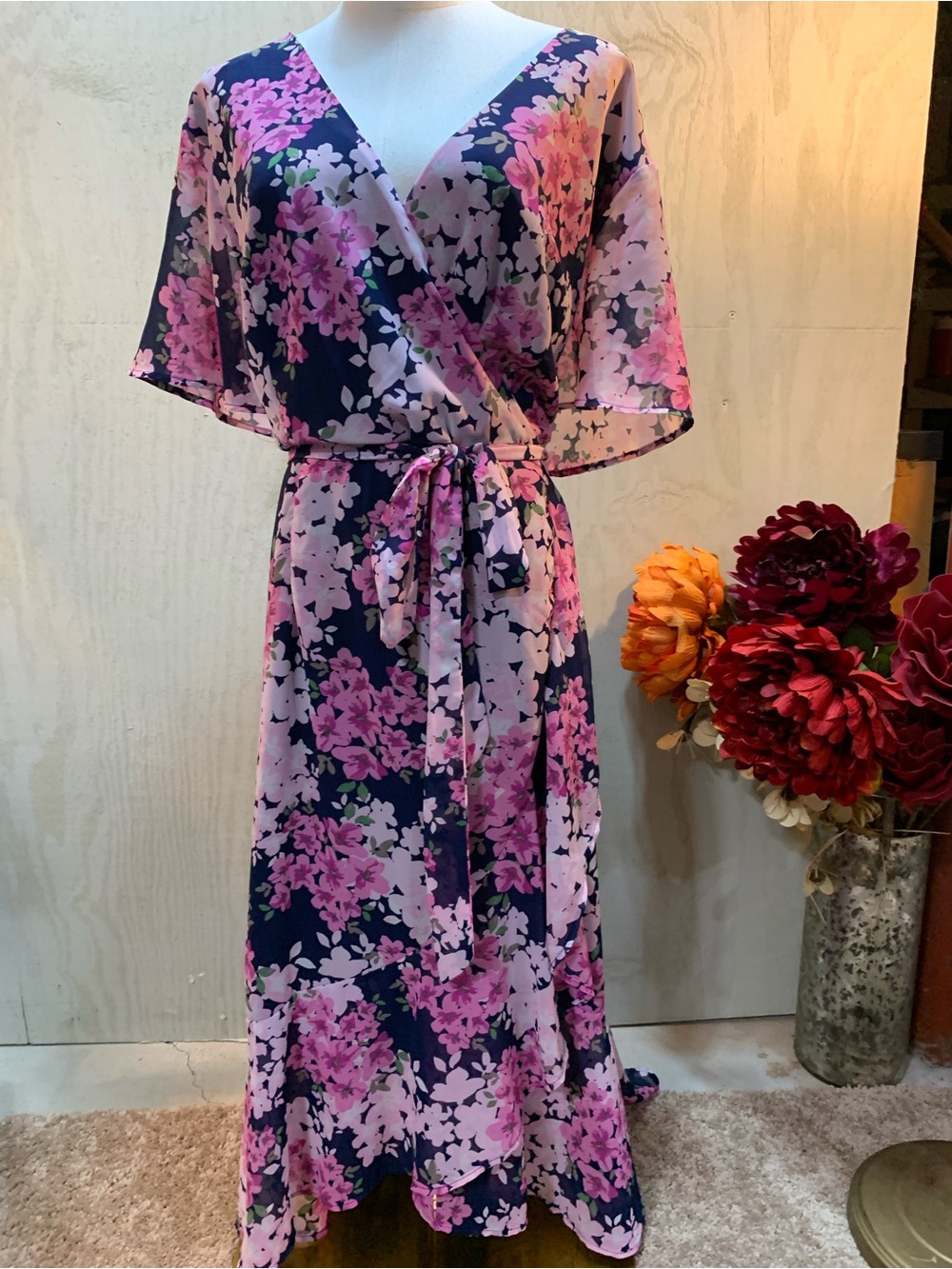 Quiz Plus Size 22 Women’s Floral Wrap Maxi Dress - Pink Navy